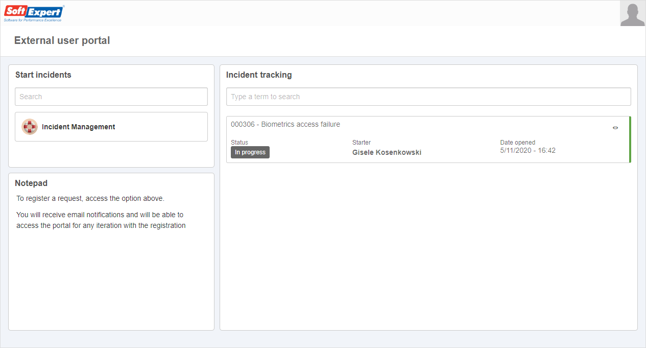 External user portal configured with the SE Incident widgets