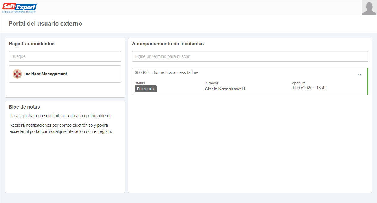 Portal del usuario externo configurado con los widgets de SE Incidente