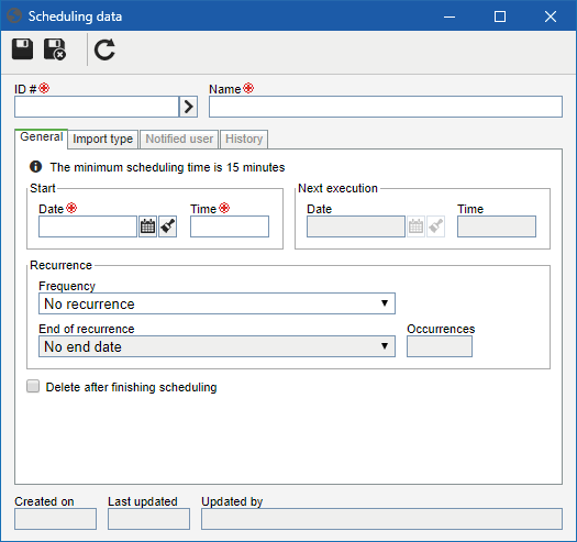 This screen refers to the scheduling of a simple import. The parallel import scheduling screen is similar.