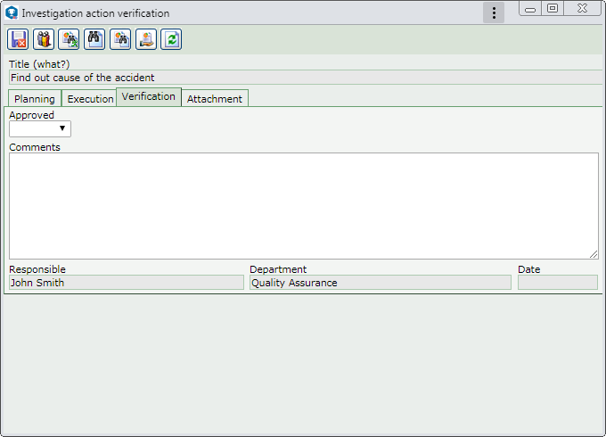 This image refers to the verification of the implementation of an investigation action. The screen displayed in the verification of the actions of other treatment steps of the occurrence is similar.