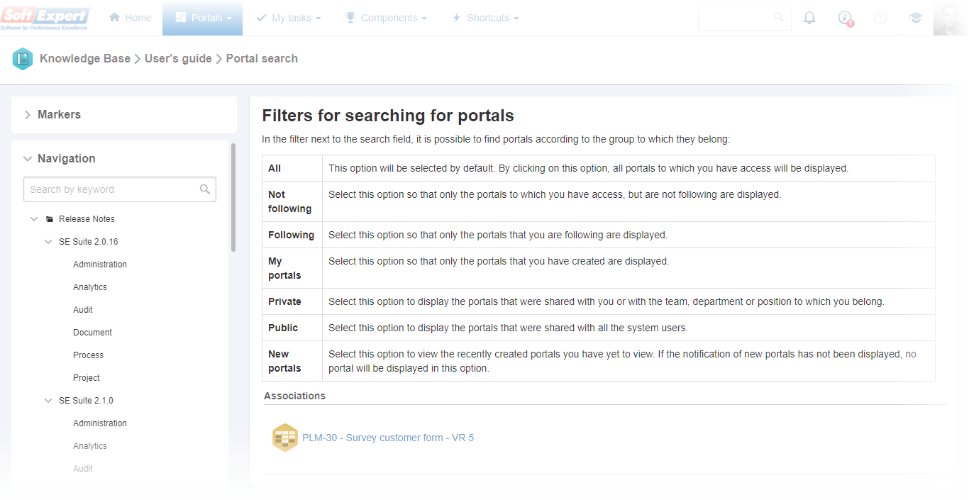 If the article has associations related to a problem, incident, workflow, project, project task, kanban task, or forum, they will be displayed at the end, in the "Associations" section, and it should be possible to view the content of the record to which the article is associated.