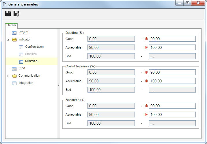 For example, considering the "Minimize" indicator configuration, with the ranges of values exemplified in the image above, if the calculation of the score is Optimistic and a certain project reaches score 90, it will be classified as good. On the other hand, if the score calculation is Pessimistic and a determined project reaches the score 90, it will be classified as acceptable.