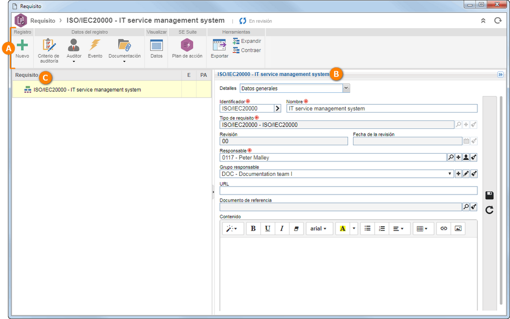 A- Barra de herramientas; B- Panel de datos del requisito; C- Estructura del requisito