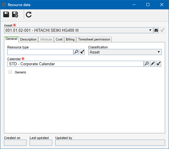 This image refers to an asset created as a resource. The data screen of a generic resource with the "Asset" classification is similar.