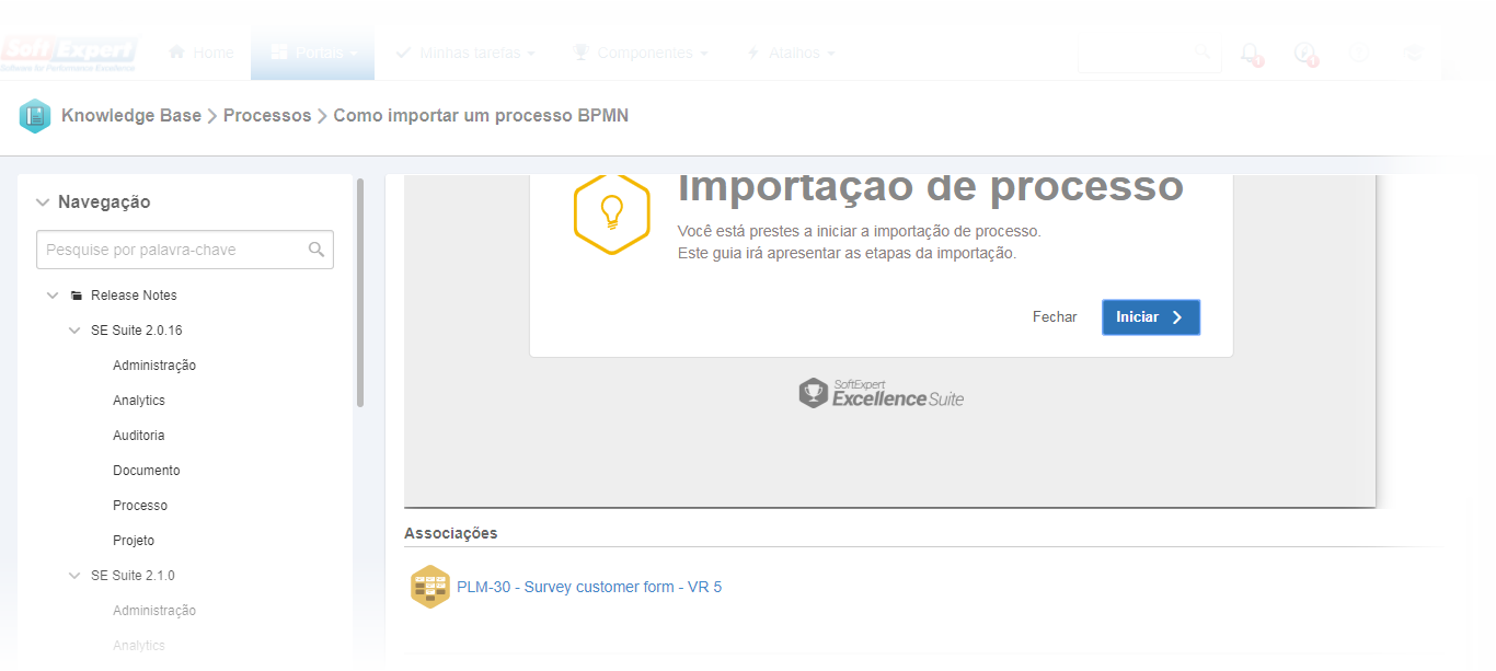 Se o artigo tiver associações, referentes a problema, incidente, workflow, projeto, atividade de projeto, atividade de kanban ou fórum, elas serão apresentadas ao fim, na seção "Associações", e deve ser possível visualizar o conteúdo do registro ao qual o artigo está associado.