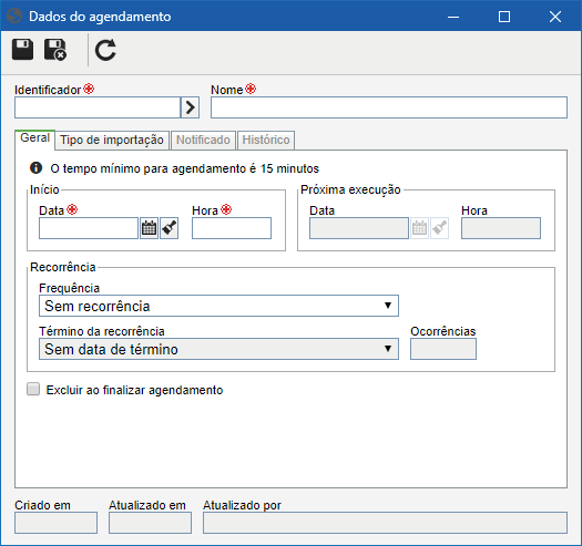 Esta tela é referente ao agendamento de uma importação simples. A tela de agendamento de importação paralela é similar.