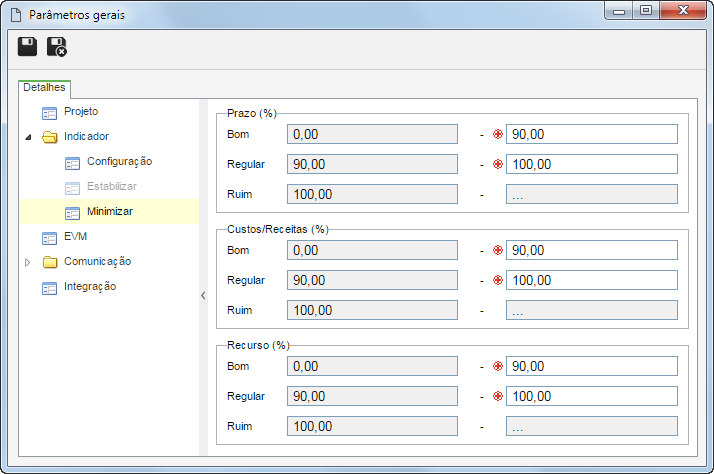 Por exemplo, considerando a configuração do indicador "Minimizar", com as faixas de valores exemplificadas na imagem acima, se o cálculo da pontuação for Otimista e um determinado projeto atingir pontuação 90, ele será classificado como bom. Já, se o cálculo da pontuação for Pessimista e um determinado projeto atingir a pontuação 90, ele será classificado como regular.