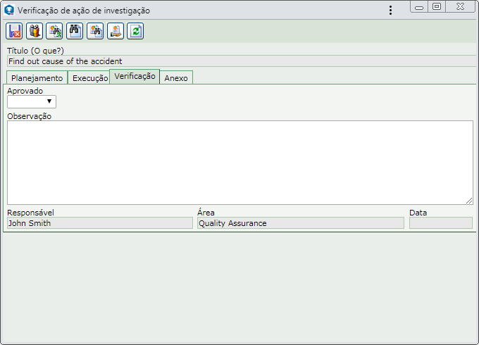 Esta imagem é referente à verificação da implementação de uma ação de investigação. A tela apresentada na verificação das ações de outras etapas do tratamento da ocorrência é similar.