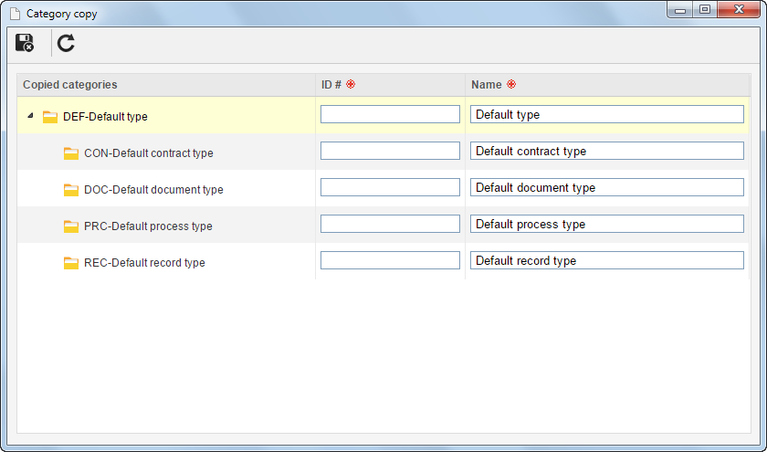 This image exemplifies the copy of the structure of an upper level category and its respective sub-categories. The name of the fields and the way they are filled out is similar for the categories that have lower level categories and for those that do not have any.