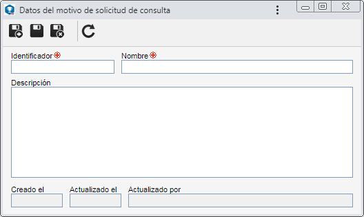 Esta imagen es referente a la pantalla de datos de un motivo de consulta de contenido. Las pantallas de datos de los motivos de copia de archivo físico y préstamo de archivo físico son similares.