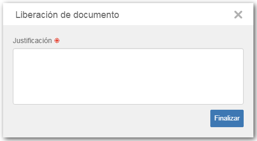 Esta imagen es referente a la liberación de un documento. La pantalla para la cancelación de documento y finalización de contrato es igual