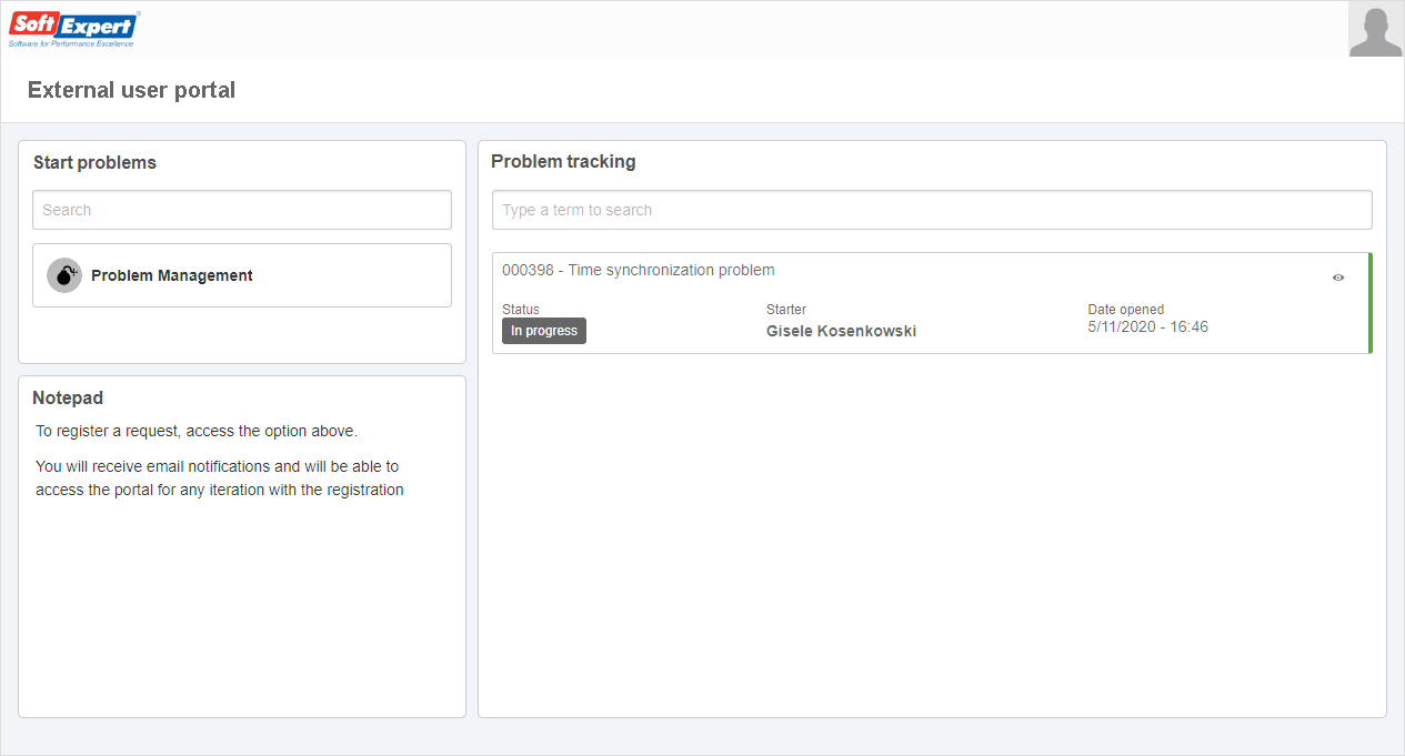 External user portal configured with the SE Problem widgets