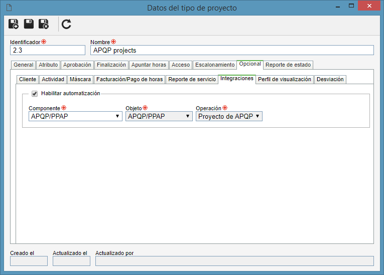 Datos del tipo de proyecto (SE Proyecto > Configuración > Clasificación > Tipo de proyecto)