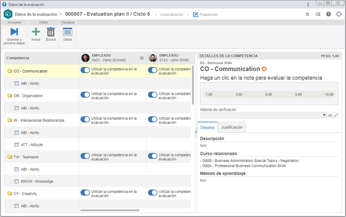 Esta imagen es referente a la pantalla de preparación de varios empleados simultáneamente. La estructura de competencias (e ítems de evaluación) será presentada en una columna y a su lado serán presentados los empleados que serán evaluados.