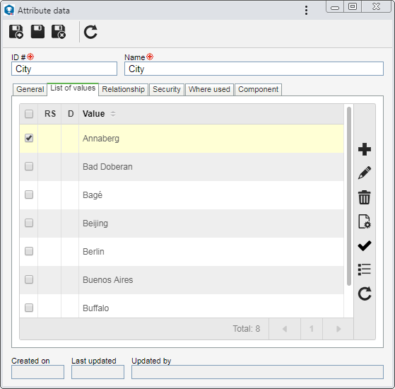 This image exemplifies the listing of the values of an attribute of the "List of values" type with "Text" data type.