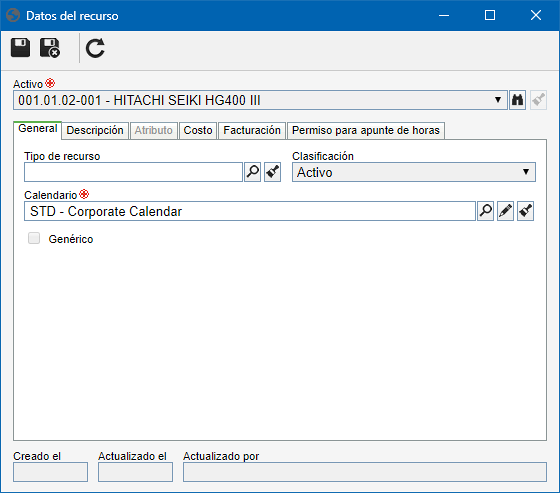 Esta imagen es referente a un activo registrado como recurso. La pantalla de datos de un recurso genérico con clasificación "Activo" es similar.