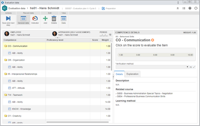 This image refers to the preparation screen for a single employee. In the "General data" section, the structure of the competences (and evaluation items) that will be evaluated is displayed. By clicking on a competence or item, on the side panel, the details of the selected record will be displayed.