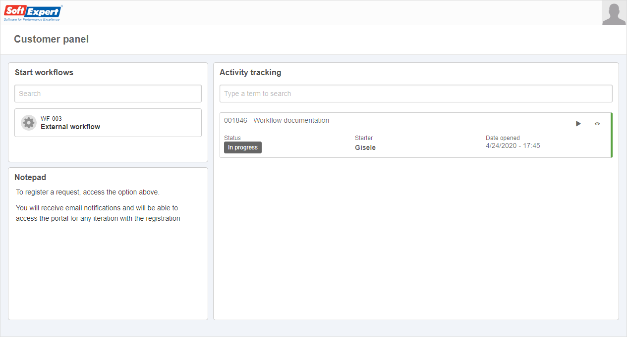 Customer panel configured with the SE Workflow widgets