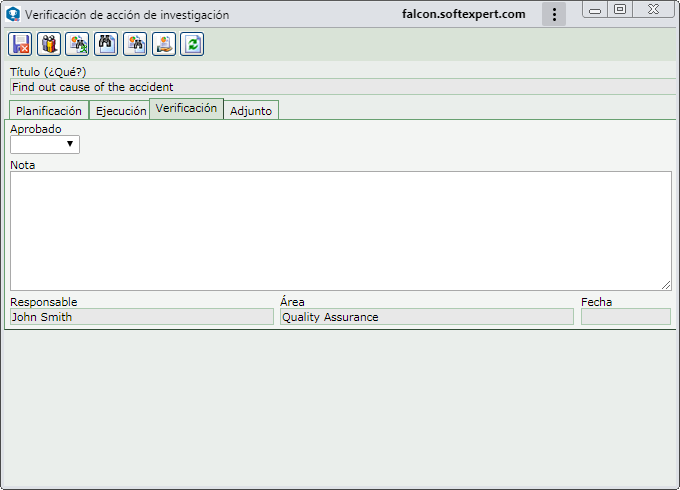 Esta imagen es referente a la verificación de la implementación de una acción de investigación. La pantalla presentada en la verificación de las acciones de otras etapas del tratamiento de la ocurrencia es similar.