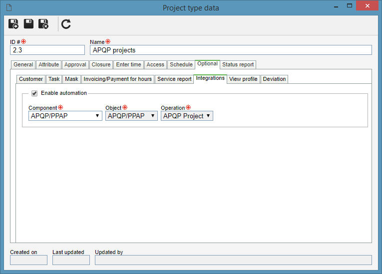 Project type data (SE Project > Configuration > Classification > Project type)