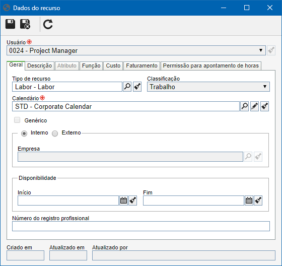 Esta imagem é referente a um usuário cadastrado como recurso. A tela de dados de um recurso genérico com classificação "Trabalho" é similar.