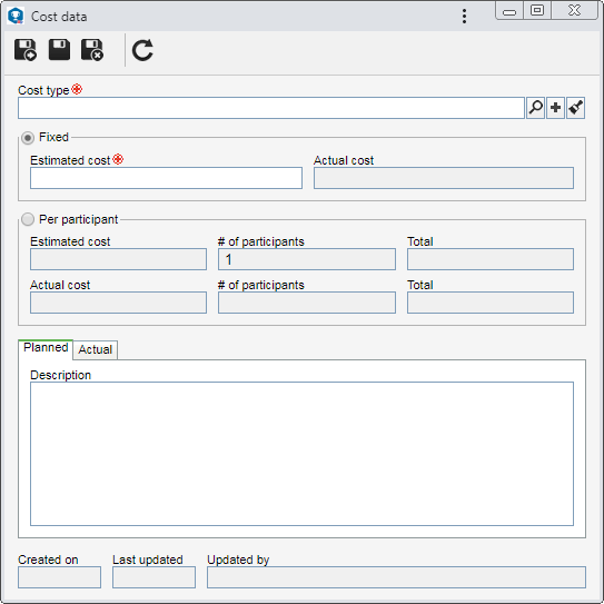 This screen refers to a planned cost. If the cost is being included in the execution step, only the fields related to actual values will be enabled.