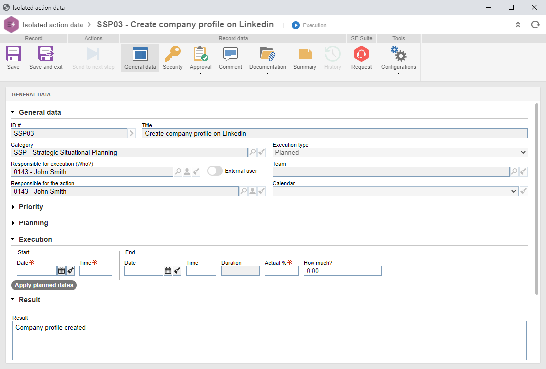 This image refers to the action of an action plan. The data screen of an isolated action is similar.