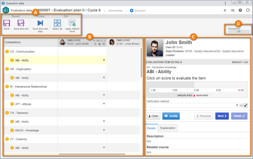 This image refers to a "Subordinates" evaluation. The sceen for other evaluation types is similar.