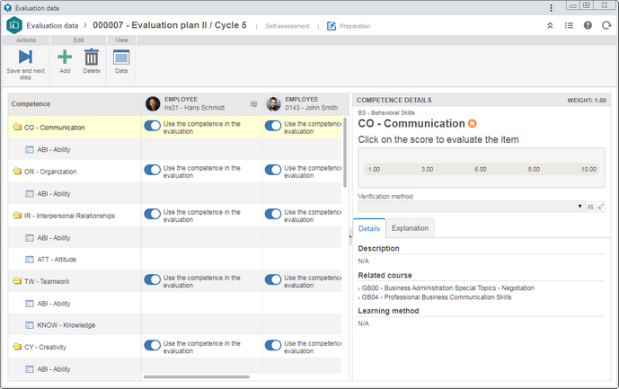 This image refers to the preparation screen for several employees simultaneously. The competences (and evaluation items) structure will be displayed in a column and, next to it, the employees who will be evaluated will be displayed.