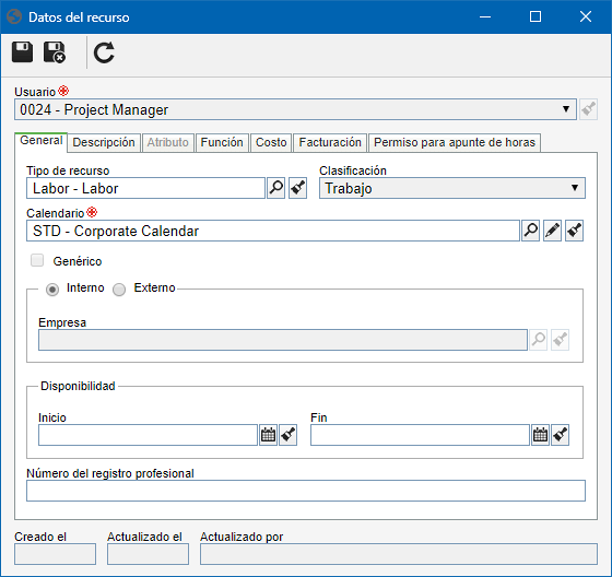 Esta imagen es referente a un usuario registrado como recurso. La pantalla de datos de un recurso genérico con clasificación "Trabajo" es similar.