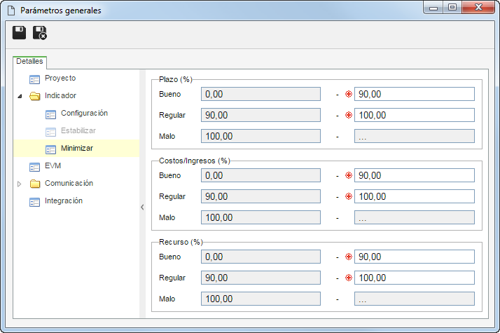 Por ejemplo, considerando la configuración del indicador "Minimizar", con los rangos de valores ejemplificados en la imagen de arriba, si el cálculo del puntaje es Optimista y un determinado proyecto alcanza un puntaje de 90, él será clasificado como bueno. Ahora, si el cálculo del puntaje es Pesimista y un determinado proyecto alcanza el puntaje de 90, él será clasificado como regular.