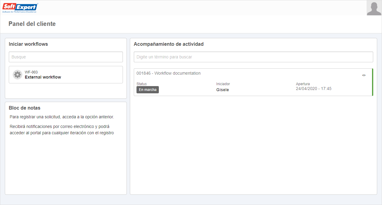 Panel de cliente configurado con los widgets de SE Workflow