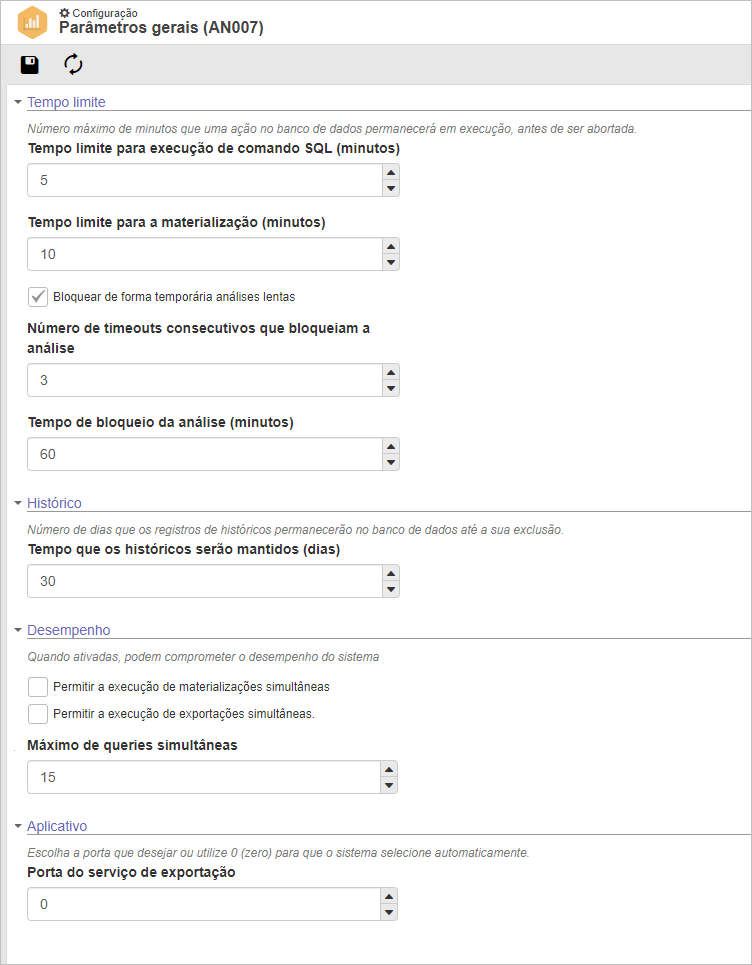 Parâmetros gerais do SoftExpert Analytics