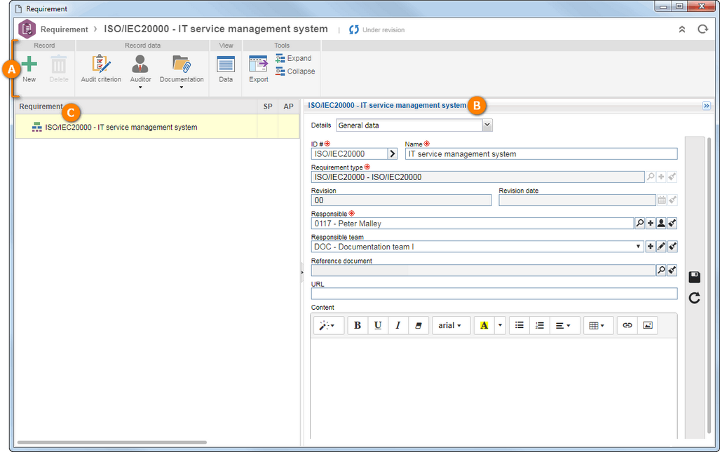 A- Toolbar; B- Requirement data panel; C- Requirement structure