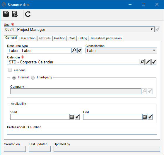 This image refers to a user created as a resource. The data screen of a generic resource with the "Labor" classification is similar.