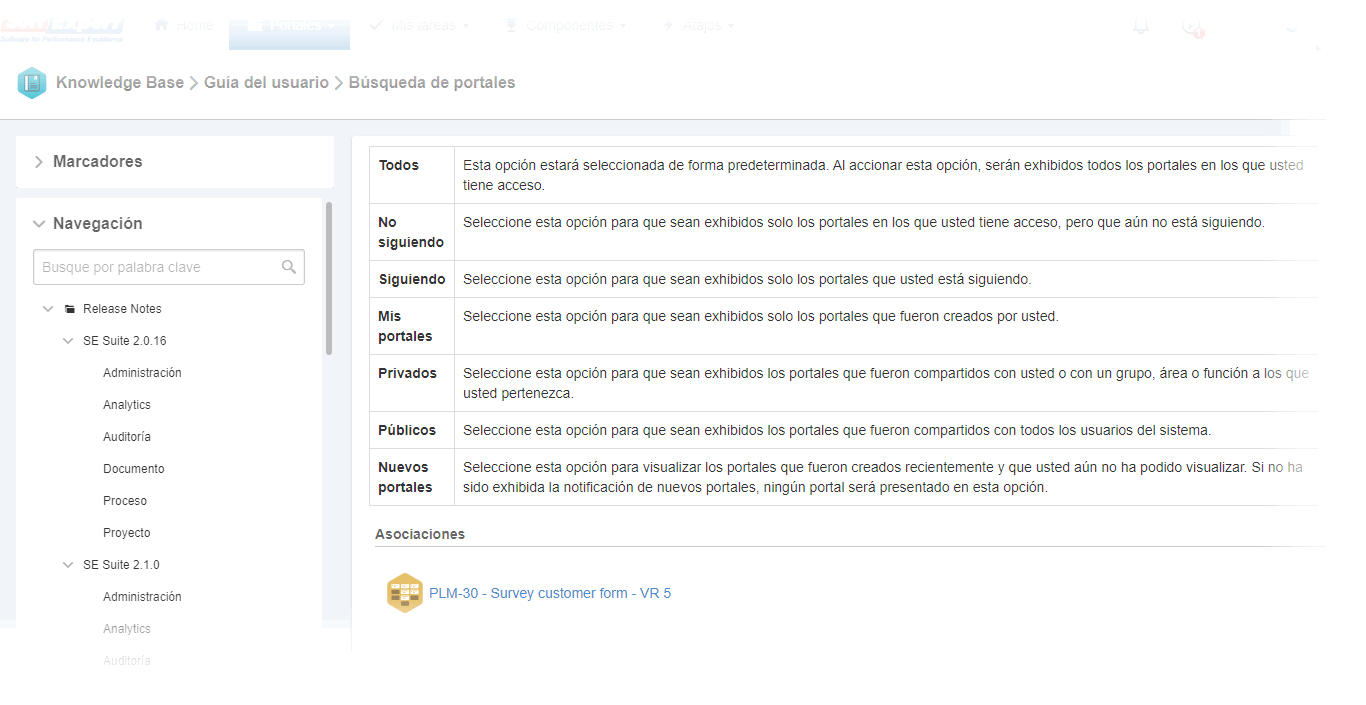 Si el artículo tiene asociaciones, referentes a un problema, incidente, workflow, proyecto, actividad de proyecto, actividad de kanban o foro, estas se presentarán al final, en la sección "Asociaciones", y será posible visualizar el contenido del registro al que está asociado el artículo.