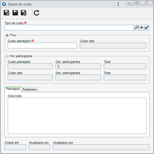 Esta tela é referente a um custo planejado. Se o custo estiver sendo incluído na etapa de execução, somente os campos referentes aos valores reais serão habilitados.