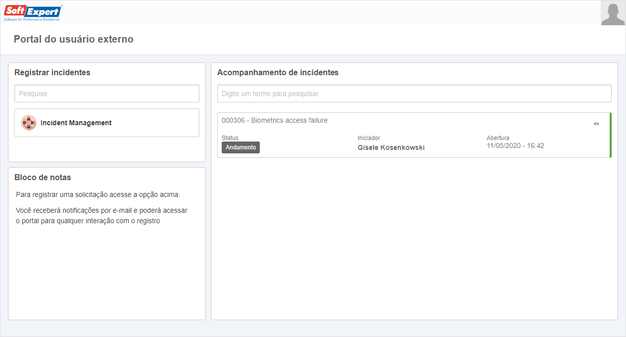 Portal do usuário externo configurado com os widgets do SE Incidente