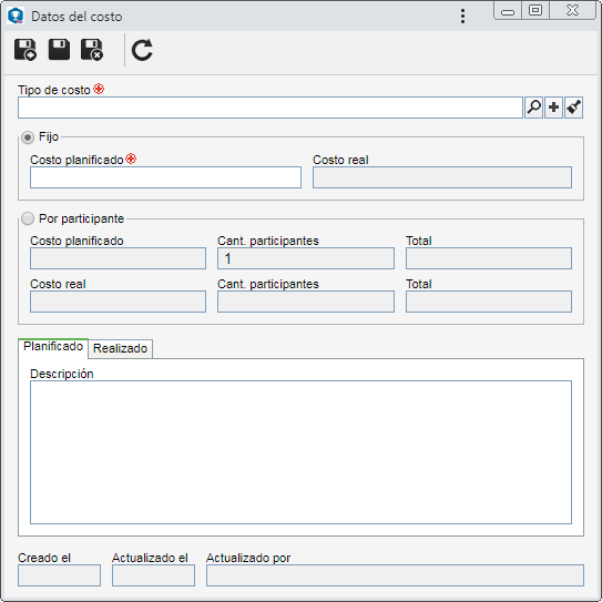 Esta pantalla es referente a un costo planificado. Si el costo está siendo incluido en la etapa de ejecución, solamente los campos referentes a los valores reales serán habilitados.