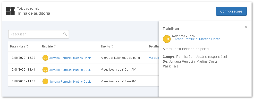Detalhes da trilha de auditoria dos portais